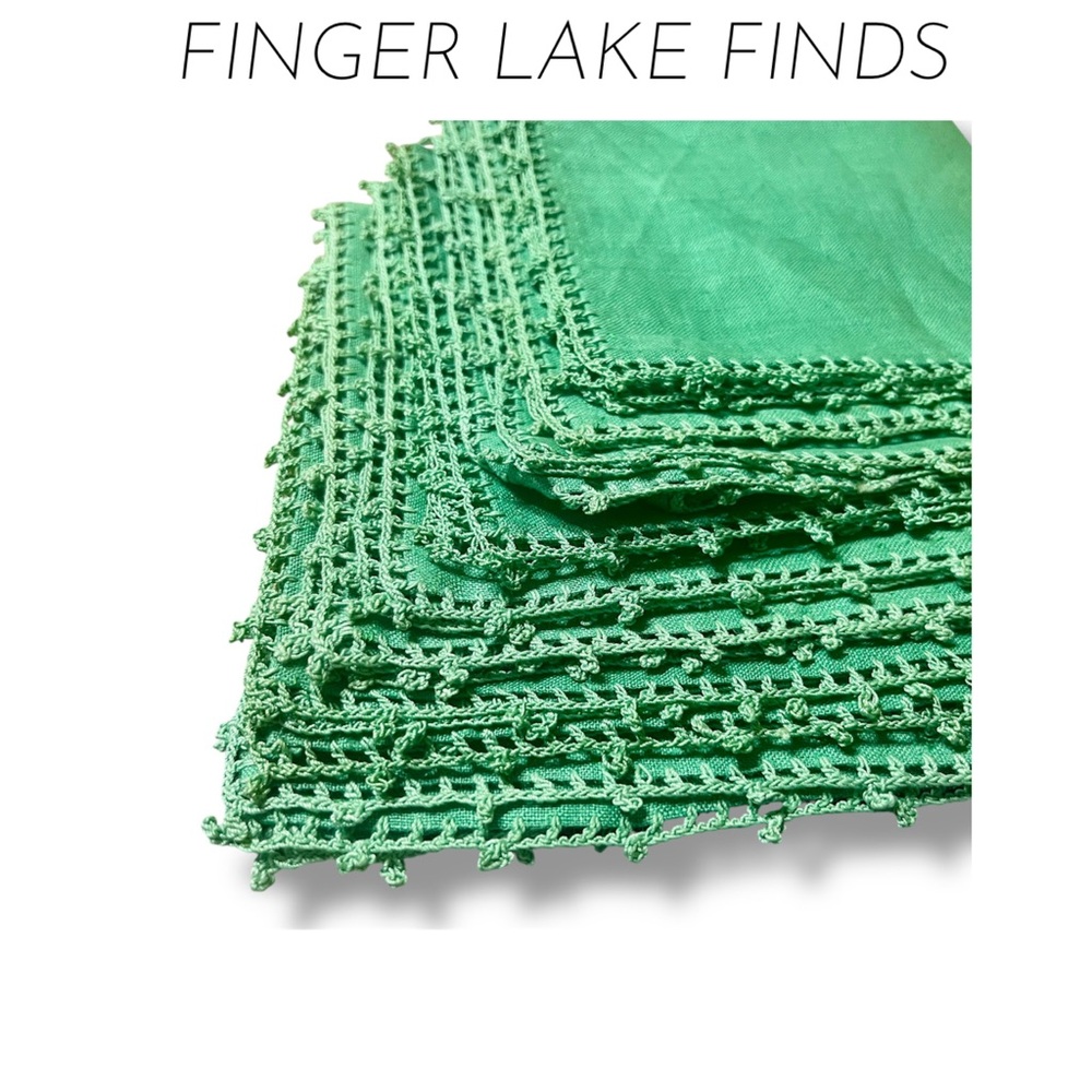 Vintage Green Linen Crochet Edge Napkins